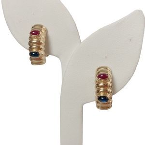 14KT Yellow Gold Oval Ruby Sapphire Fine Statement Cabachon Omega Back Earrings